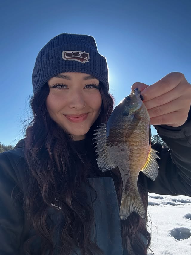 Instagram post by @lilythao_fishing for DSG Outerwear. Caption reads: Nothin like catchin some cute little bluegills :)....