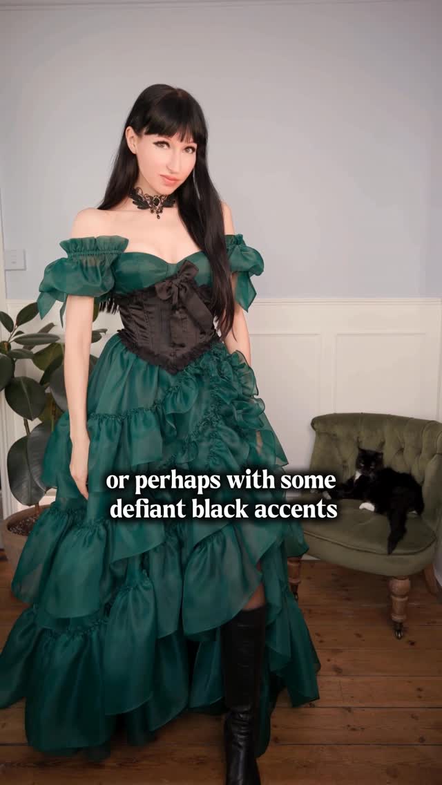 Instagram post by @andreasfashiongalaxy for Fanciful Doll. Caption reads: Some Elphaba-coded dresses - if you were her,....