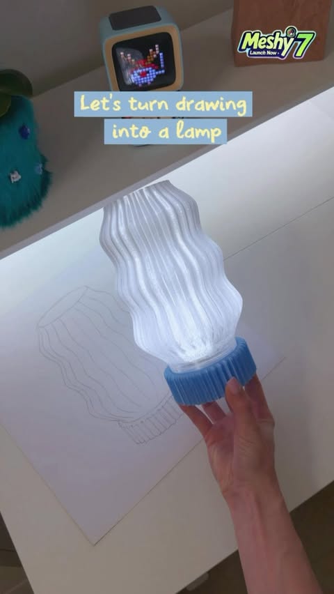 Instagram post by @warmplacee__ for Meshy. Caption reads: [...] on paper → 3D printed it the same day 🪄....