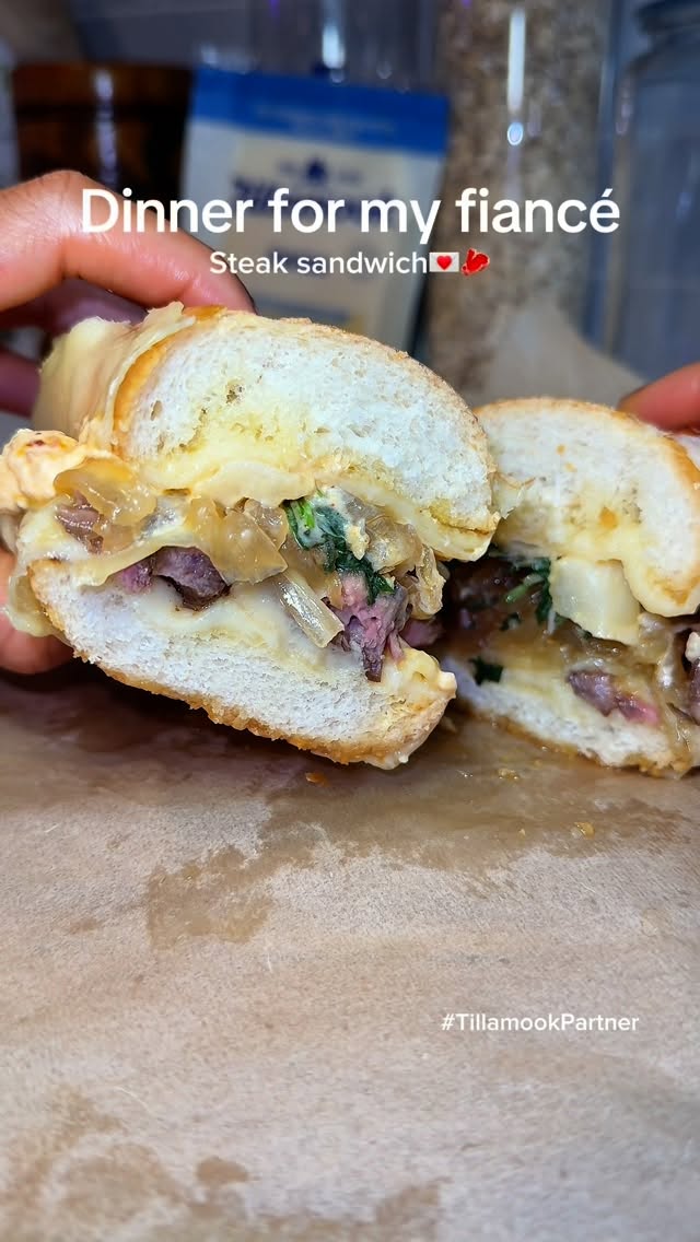 Instagram post by @stephovile for Tillamook. Caption reads: The ultimate steak sandwich made with melty....