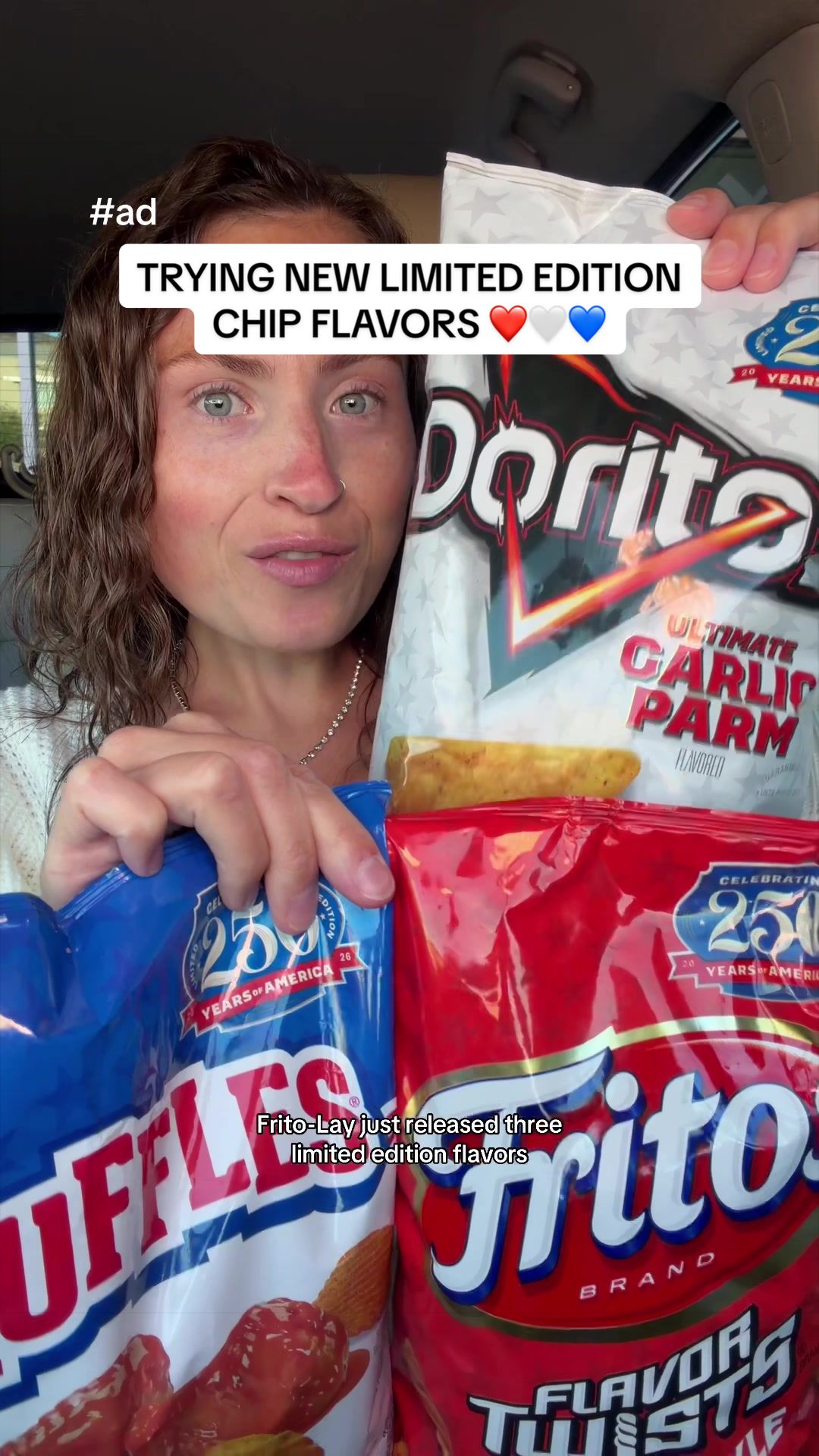 TikTok post by @morganchompz for Frito-Lay. Caption reads: #ad Frito-Lay just dropped 3 limited edition chip....