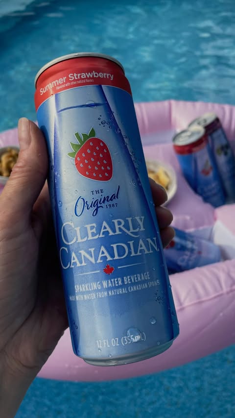 Instagram post by @vermont_comfort_food for Clearly Canadian. Caption reads: Pool day setup: snacks + @clearlycanadian....