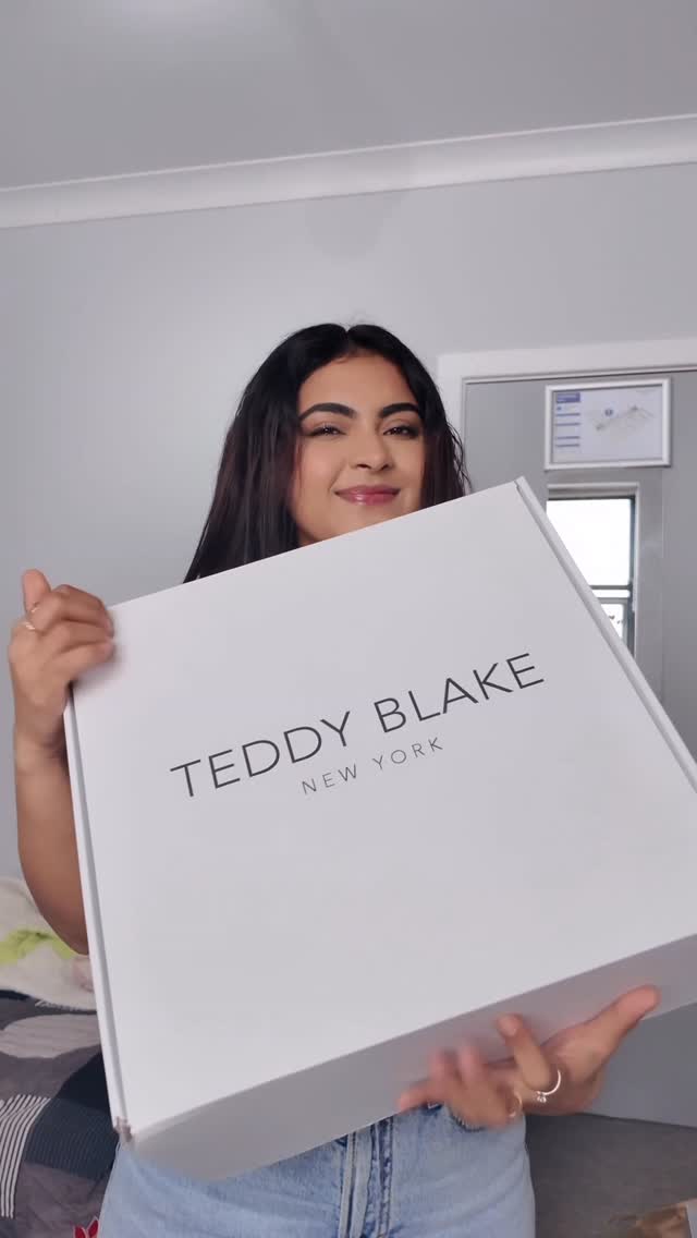 Instagram post by @twinkle.sharmaa for Teddy Blake. Caption reads: Unboxing my new @teddy_blake, a piece that truly....