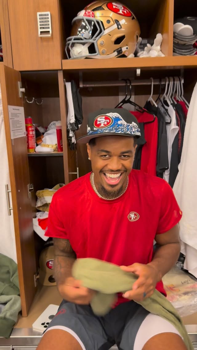 Instagram post by @jenniferleechan for New Era Cap. Caption reads: Kendrick Bourne modeling the @neweracap #49ers....