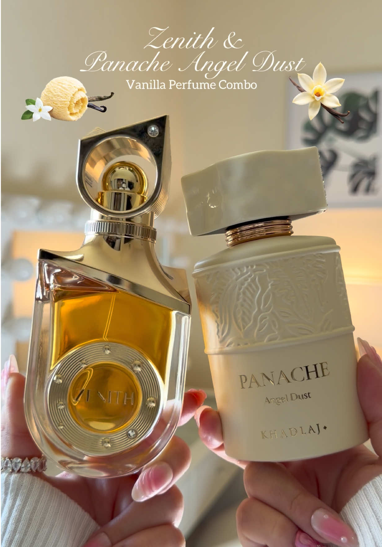 TikTok post by @gabbyfragrances for Khadlaj Perfumes. Caption reads: [...] Panache Angel Dust🍨✨ By:@Khadlaj Perfumes....