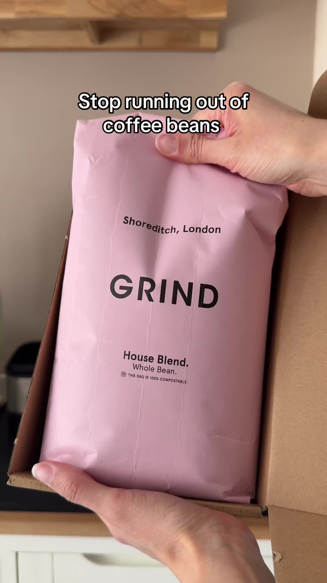 TikTok post by @violet.hollow for Grind. Caption reads: [...] in the U.K. straight to your door ☕️ @Grind....