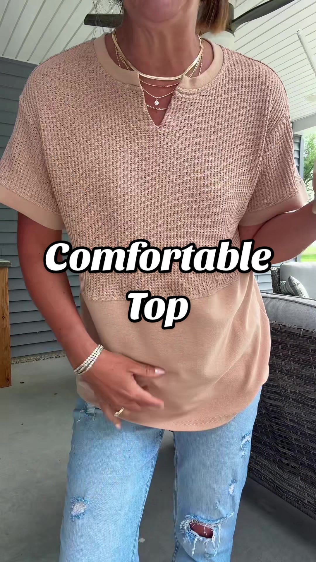 TikTok post by @julie_trimble for Shewin Official US. Caption reads: Comfortable top for women. Polyester....