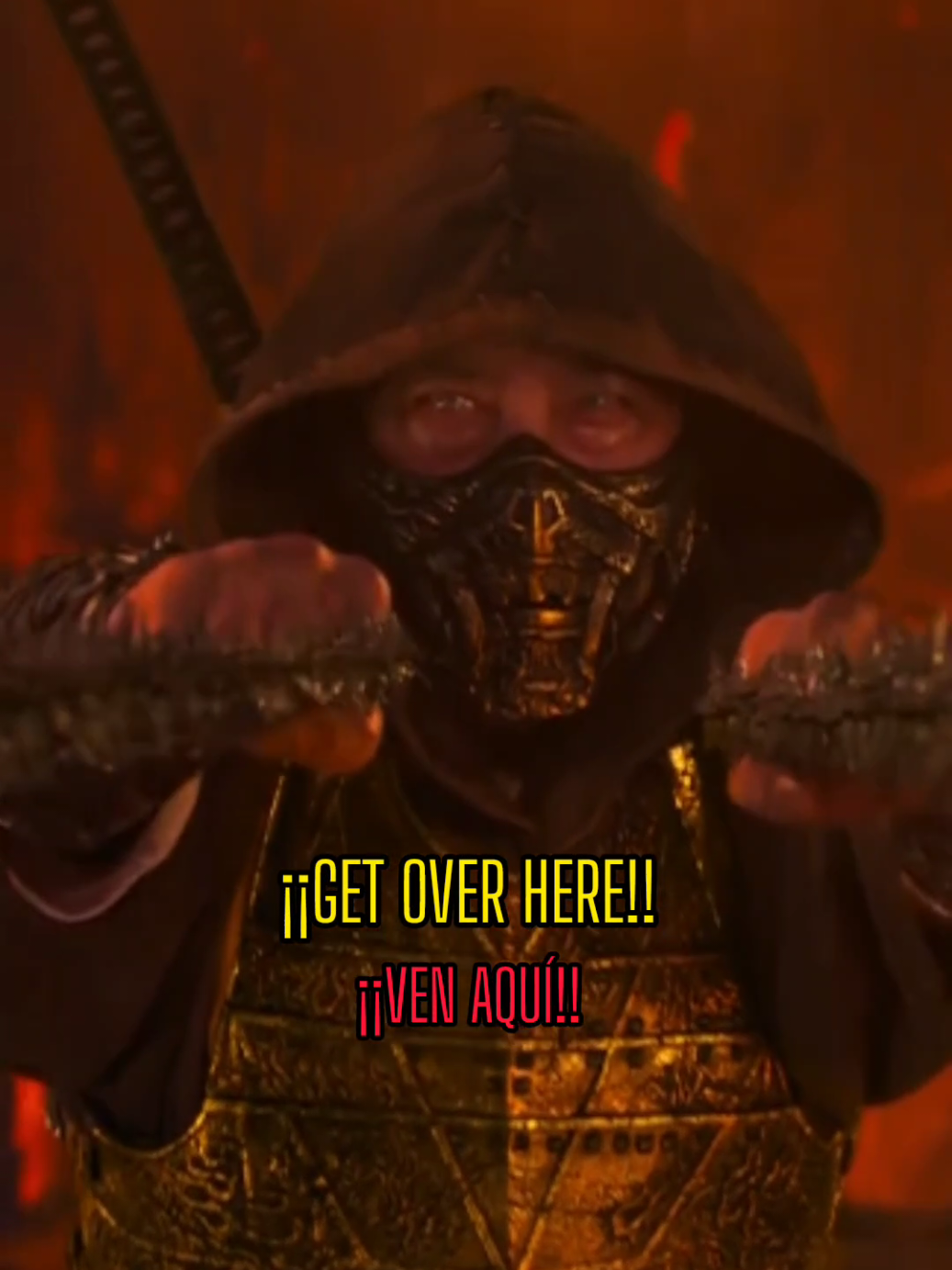 TikTok post by @roquearturog for Mortal Kombat. Caption reads: "GET OVER HERE" SCORPION (MORTAL KOMBAT 1995 -....