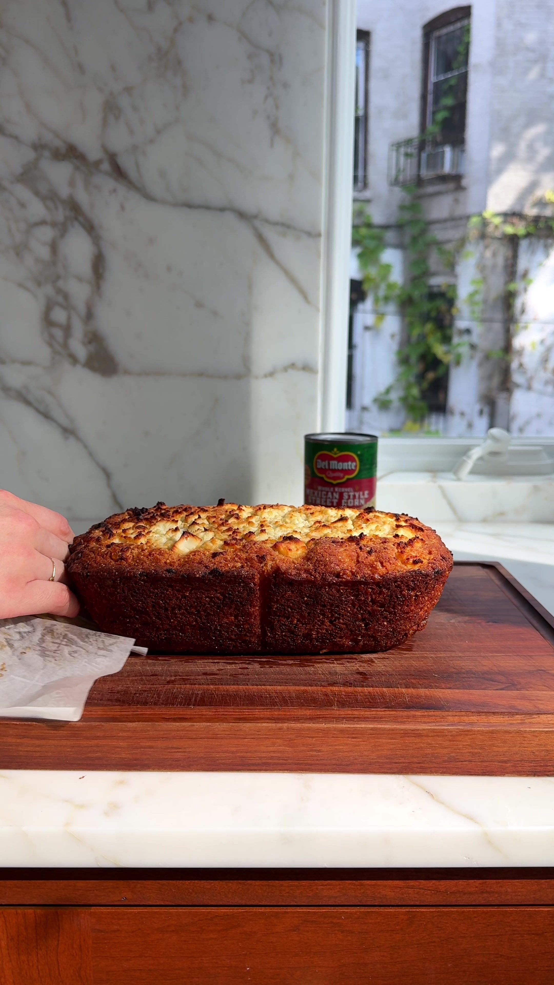 TikTok post by @justine_snacks for Del Monte. Caption reads: [...] cornbread, which was inspired by @Del Monte....