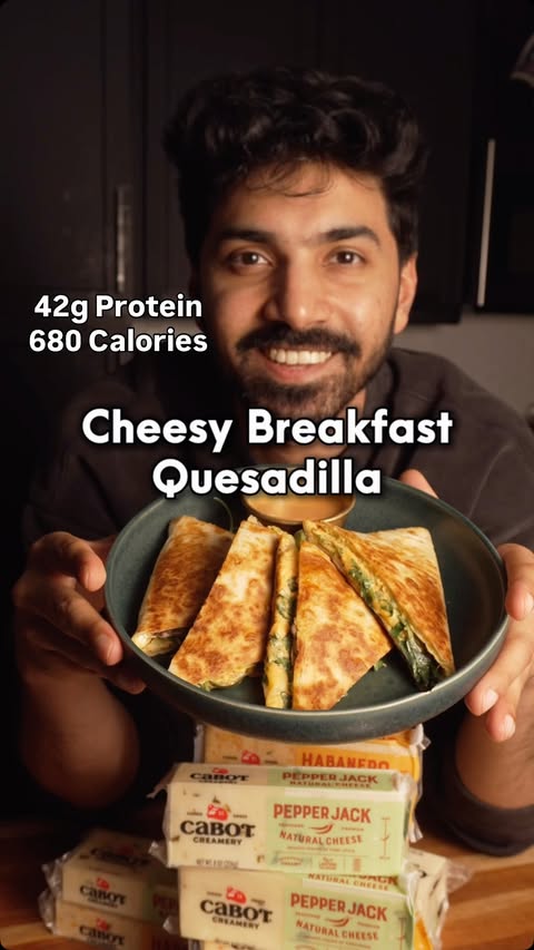 Instagram post by @chefron.cooks for Cabot Creamery Cooperative. Caption reads: EASY MEALS after WORK: Cheesy Breakfast Quesadilla....