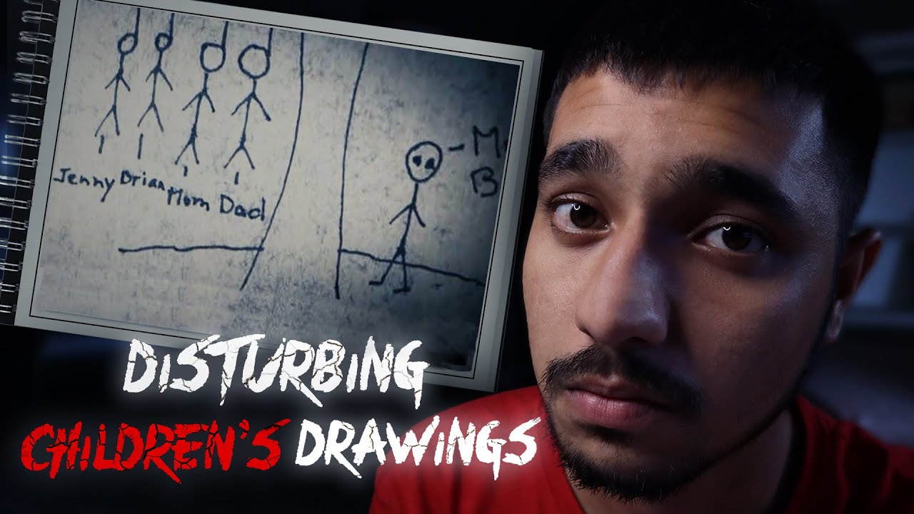YouTube post by @HORRORNIGHTSHINDI for Bored Panda. Caption reads: Disturbing Children's Drawings with Creepy....