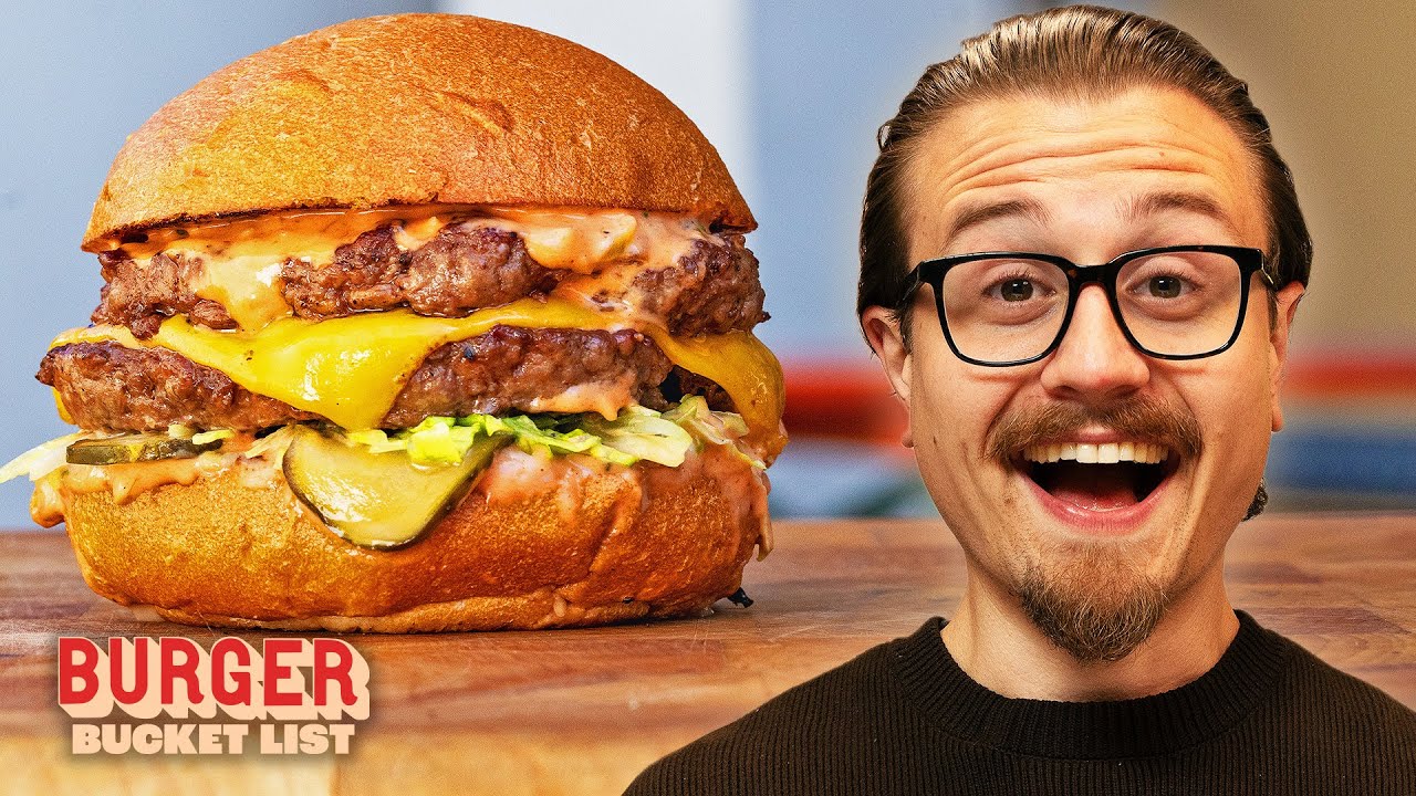 YouTube post by @FirstWeFeast for First We Feast. Caption reads: Joshua Weissman Gets a Burger Master Class |....