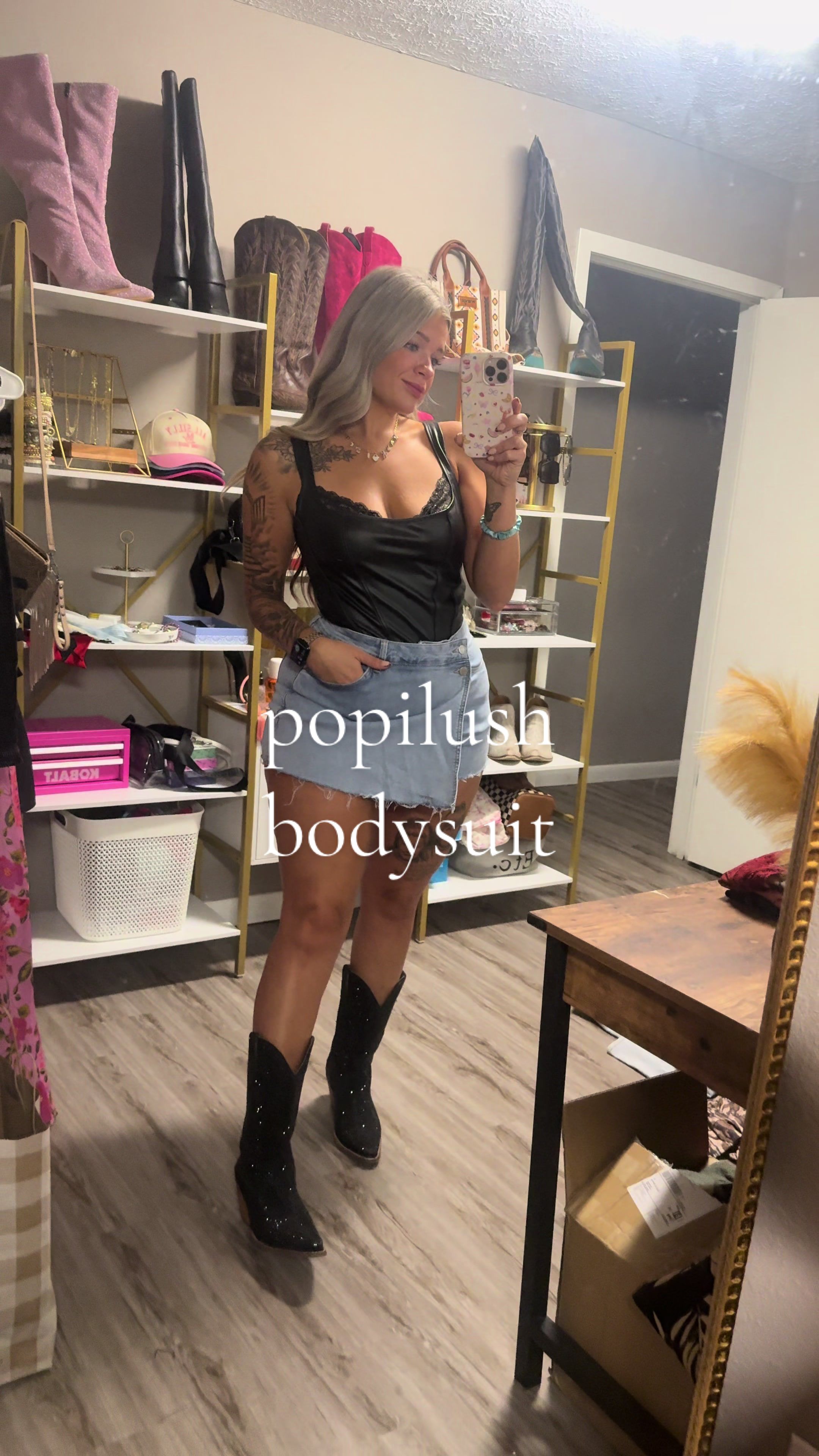 TikTok post by @casiethomas for Popilush. Caption reads: a leather corset bodysuit😌😍 @Popilush LLC....