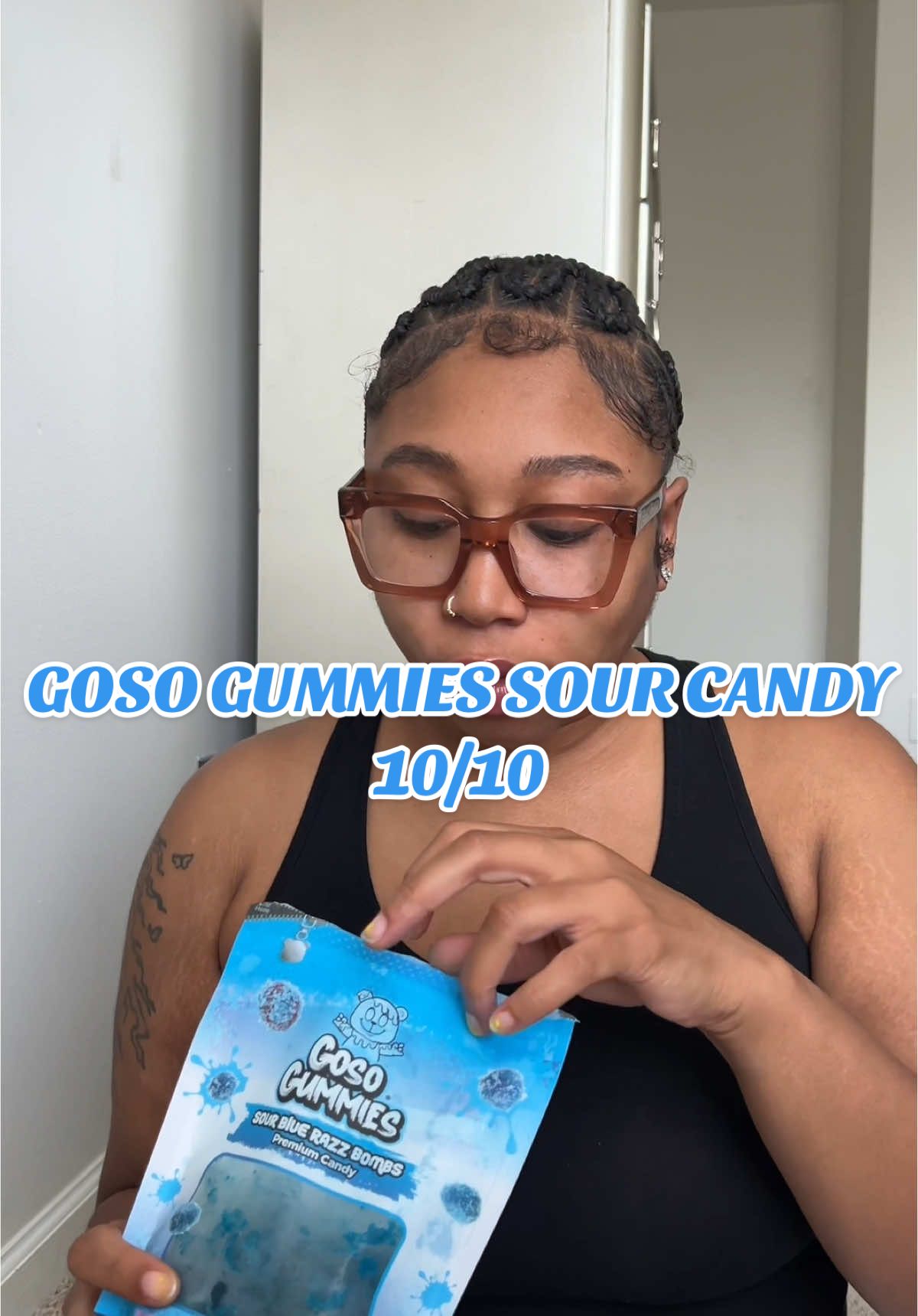 TikTok post by @theonlydlovee for Goso Gummies. Caption reads: All of my sour candy lovers tap in! @Goso Gummies....