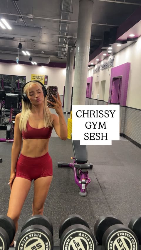 Instagram post by @charley.peet for Cotton On Body. Caption reads: CHRISSY GYM SESH 🎄 Shoulders & Biceps....