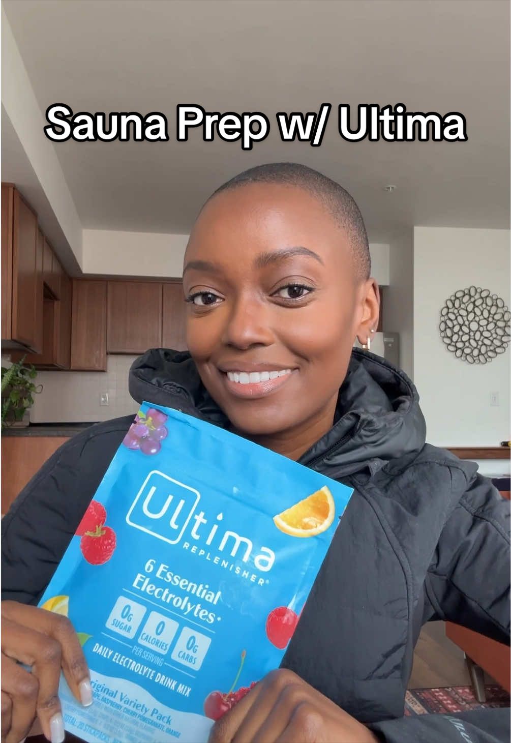 TikTok post by @veganzinga for Ultima Replenisher. Caption reads: Sauna prep is crucial and @Ultima Replenisher has....