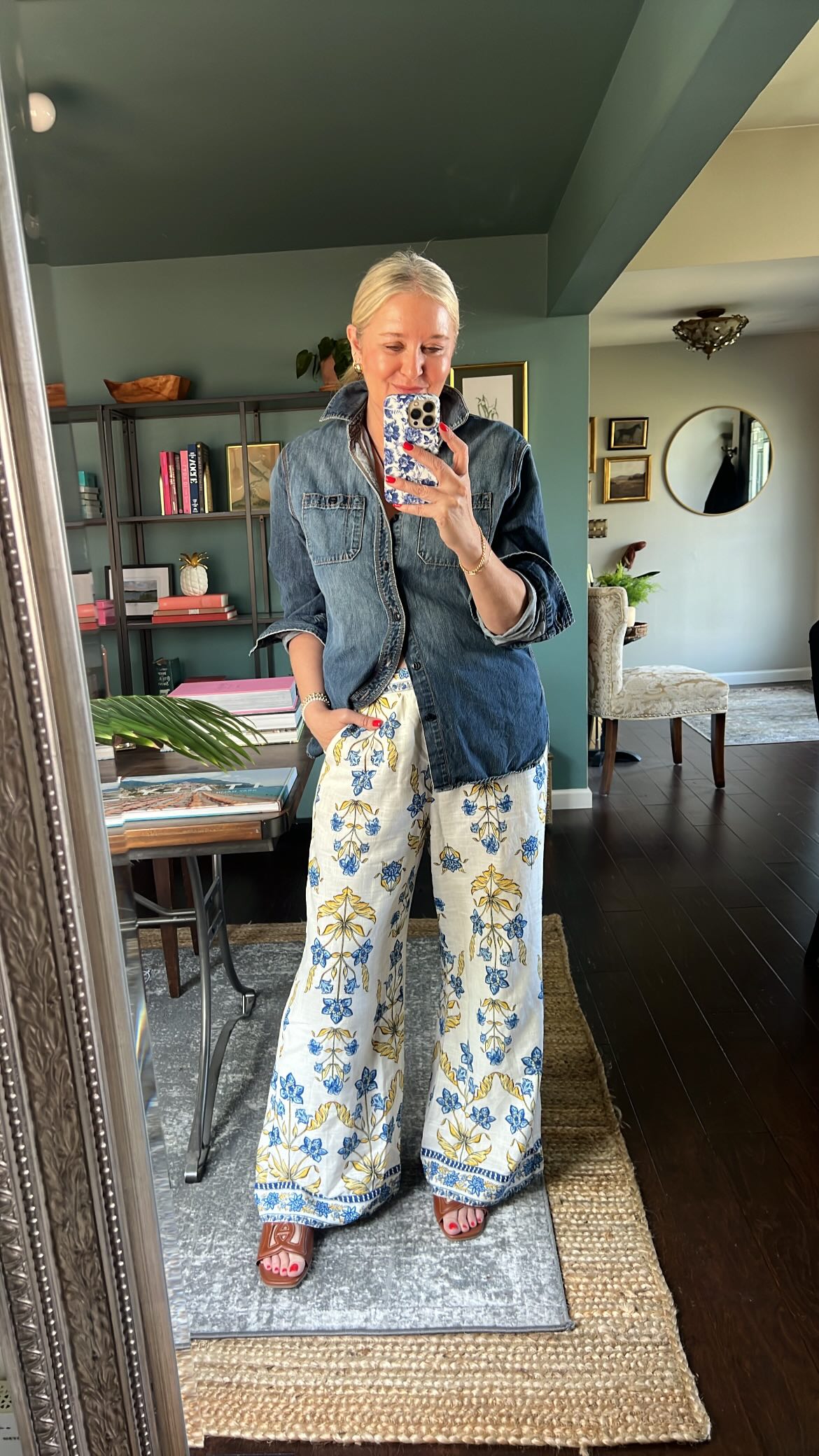 Instagram post by @partytildawn for Draper James. Caption reads: Styling up the CUTEST linen pants💙 Comment SHOP....