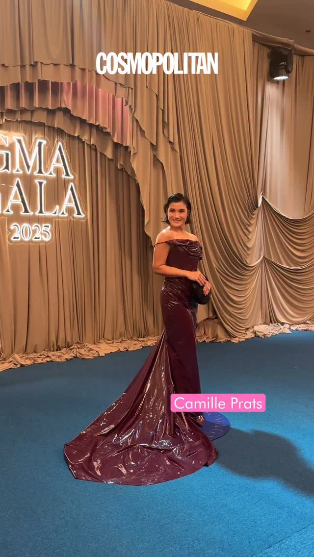 Instagram post by @camilleprats for Cosmopolitan. Caption reads: #CamillePrats is a goddess in maroon tonight!....