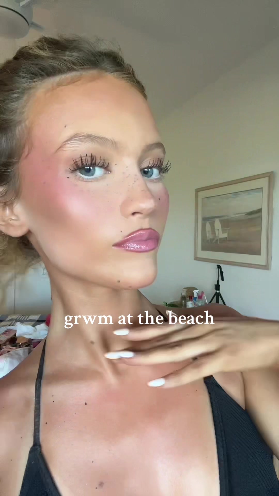 TikTok post by @graciebmaee for Saie hello. Caption reads: #fypシ #grwm #beach #charlottetilbury #makeup....