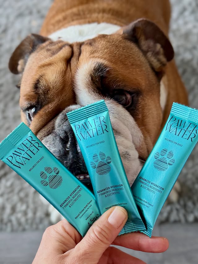 Instagram post by @queenie_hugo_bulldogs for Pawer Water. Caption reads: [...] 𝑱𝒐𝒊𝒏𝒕𝒔 ✨
.
Mum popped PAWER WATER in....