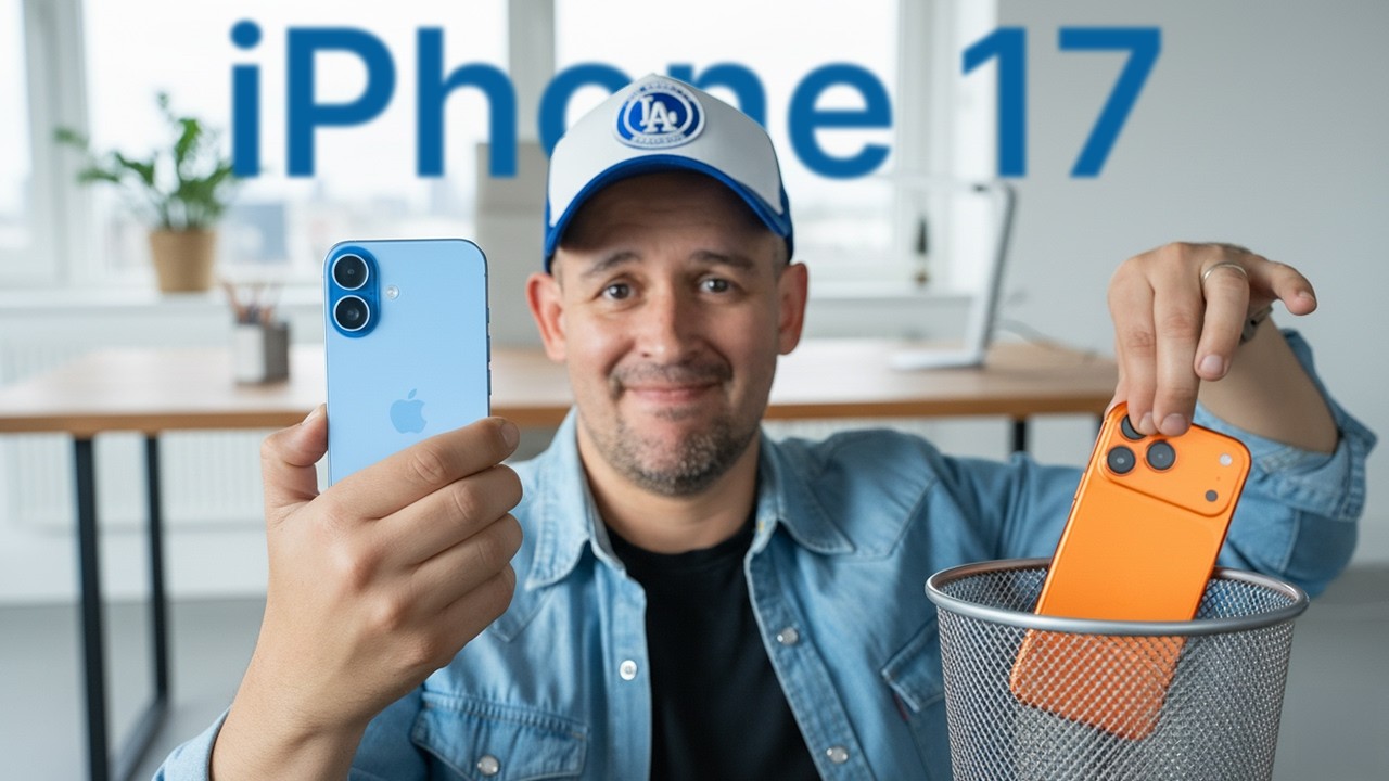 YouTube post by @AlexGTech for SANDMARC. Caption reads: I Tried Them All. iPhone 17 Is The Smart Choice..