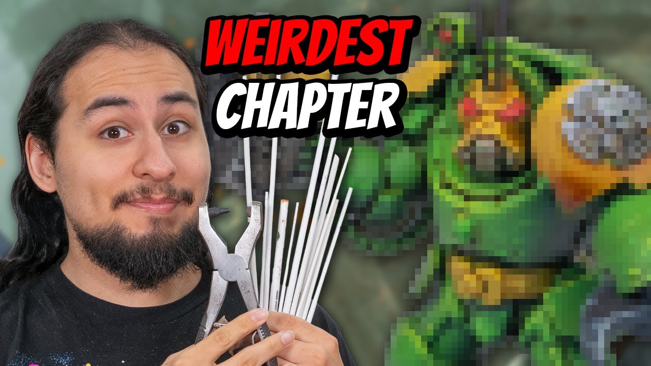 YouTube post by @EonsOfBattle for MyMiniFactory. Caption reads: Building The Strangest Space Marines! Mantis....