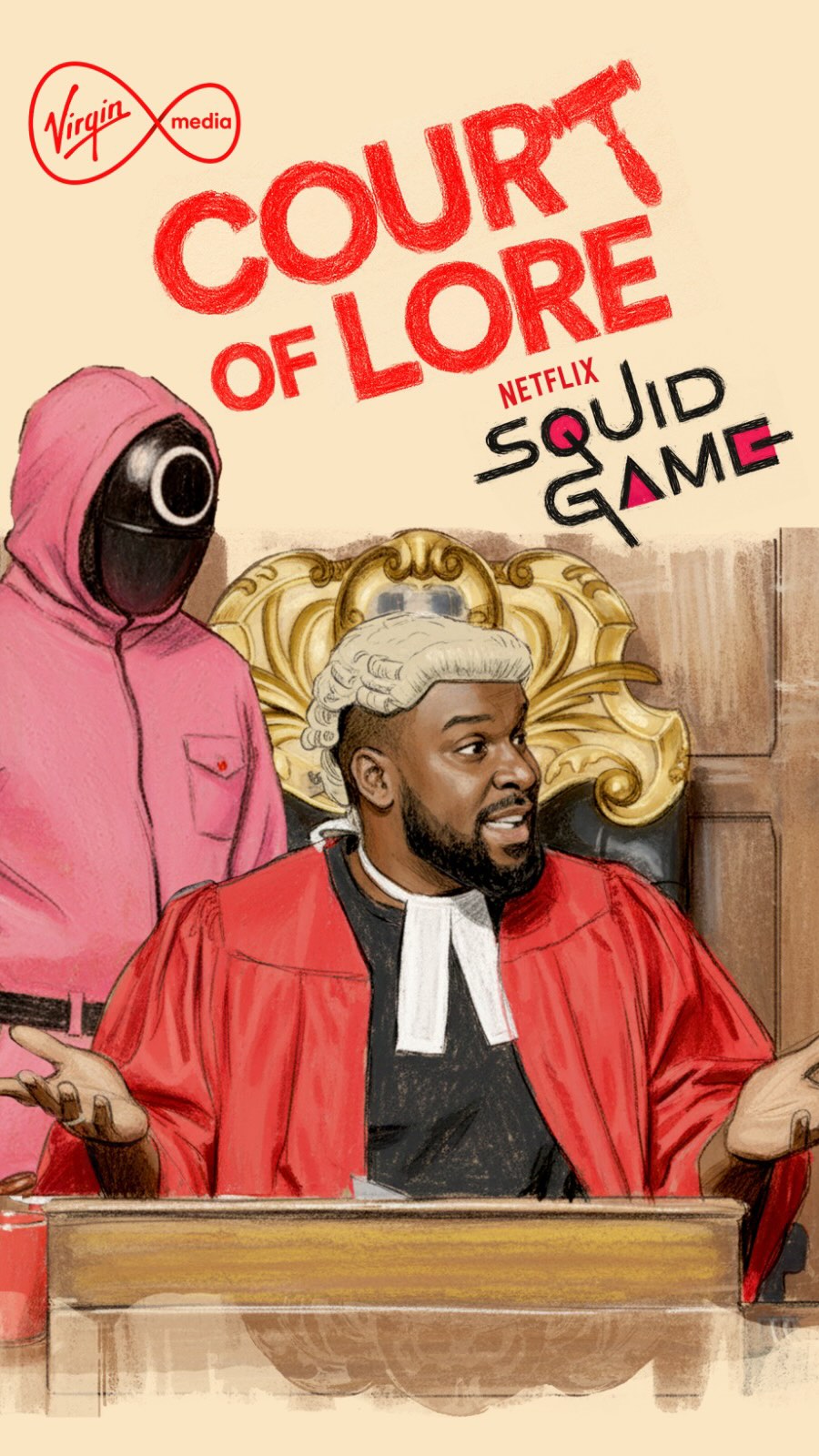 Instagram post by @itskyrahgray for Virgin Media Ireland. Caption reads: 👨‍⚖️Court is now in session! 📚 Watch as two mega....