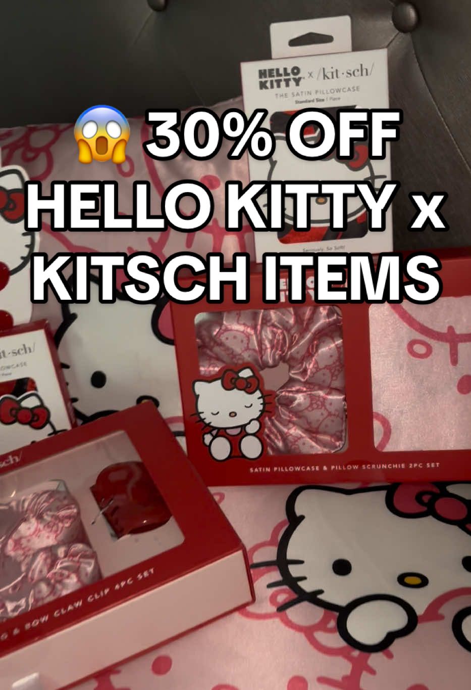 TikTok post by @oohlolo for Kitsch. Caption reads: [...] 💖 GET 30% OFF HELLO KITTY X KITSCH ITEMS +....