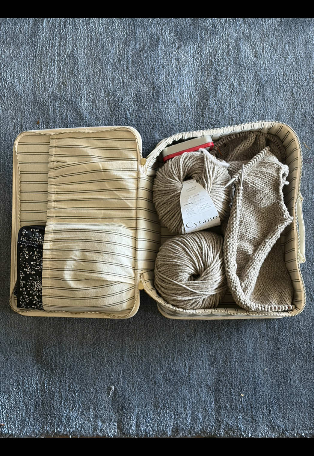 TikTok post by @justeen.irl for Sezane. Caption reads: [...] knitting journal, and an entire sweater 😘....