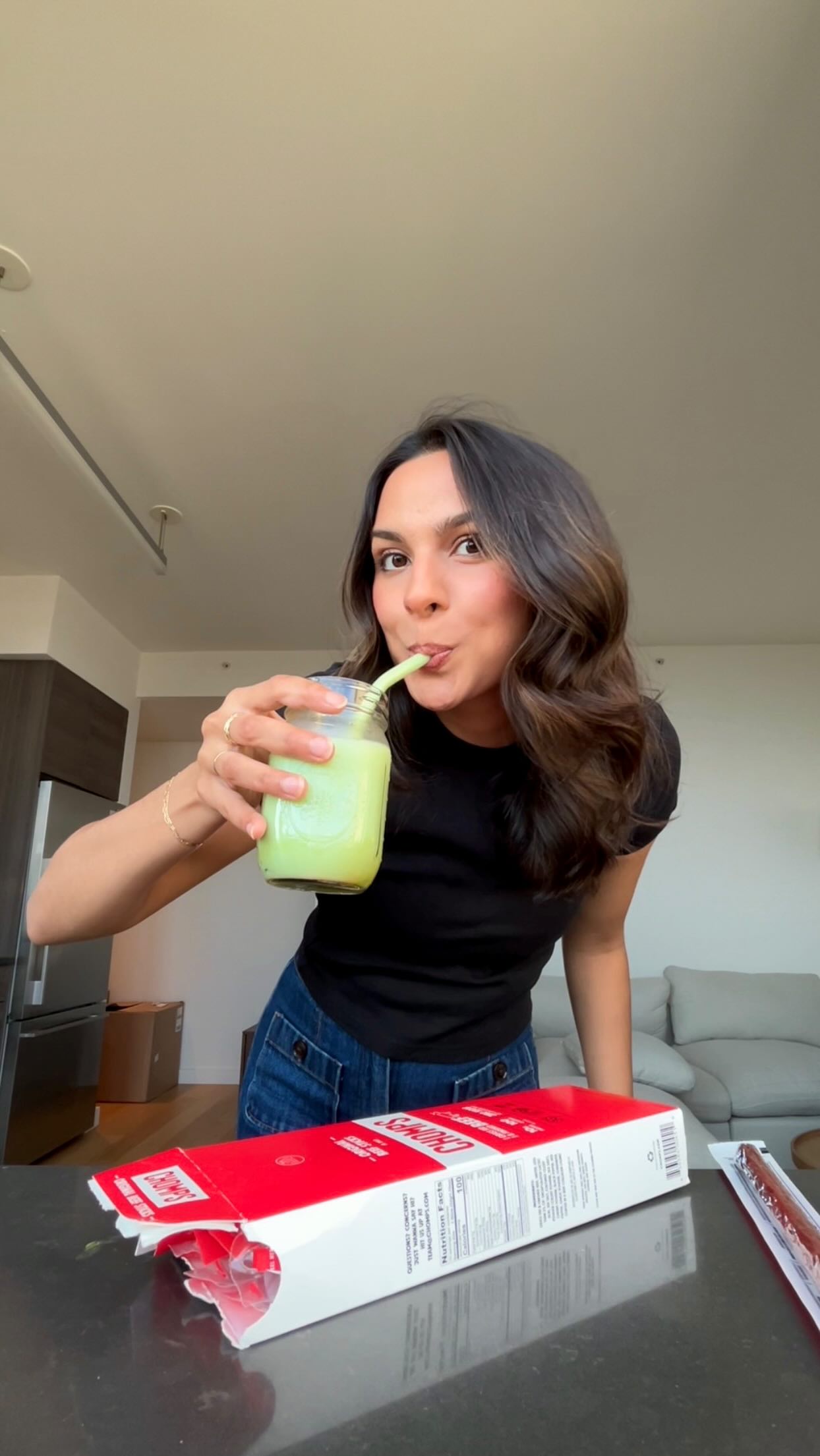 Instagram post by @realdeepa for Chomps. Caption reads: the perfect pick me up with my matcha @chomps....