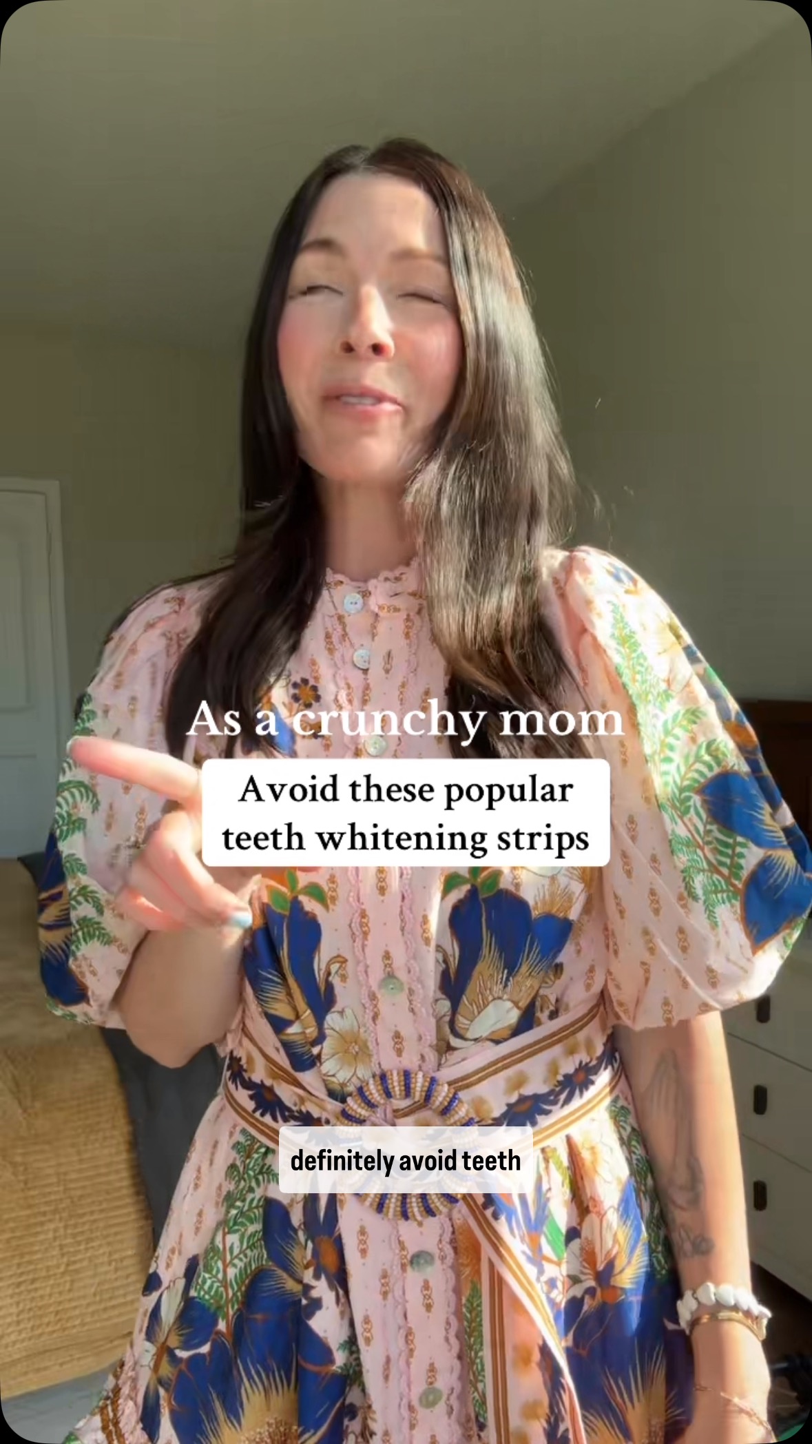 Instagram post by @tabrestored for Lumineux by Oral Essentials. Caption reads: As a  crunchy mama I will never use conventional....