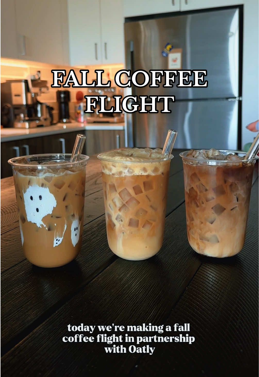 TikTok post by @foodieeshh for Oatly. Caption reads: [...] most delicious fall coffee flight using....