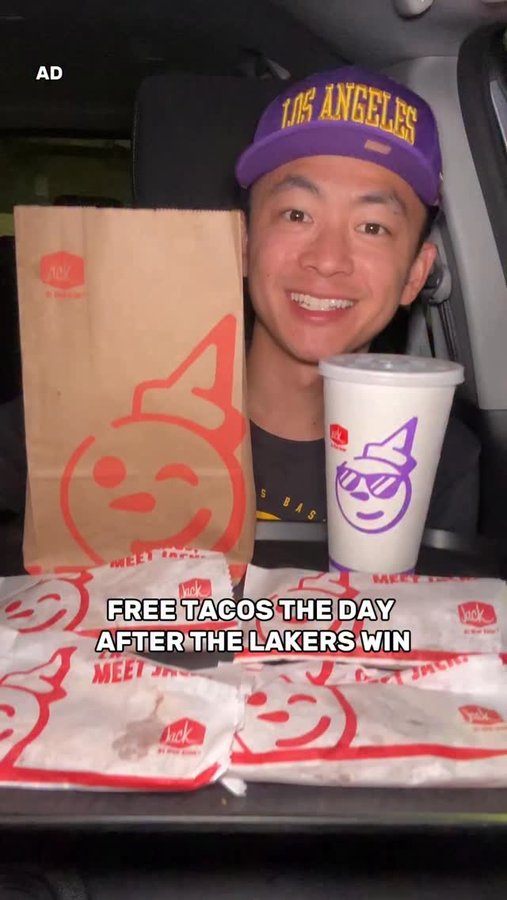 Instagram post by @thejcheneats for Jack in the Box. Caption reads: @jackinthebox is giving away 2 free tacos the day....