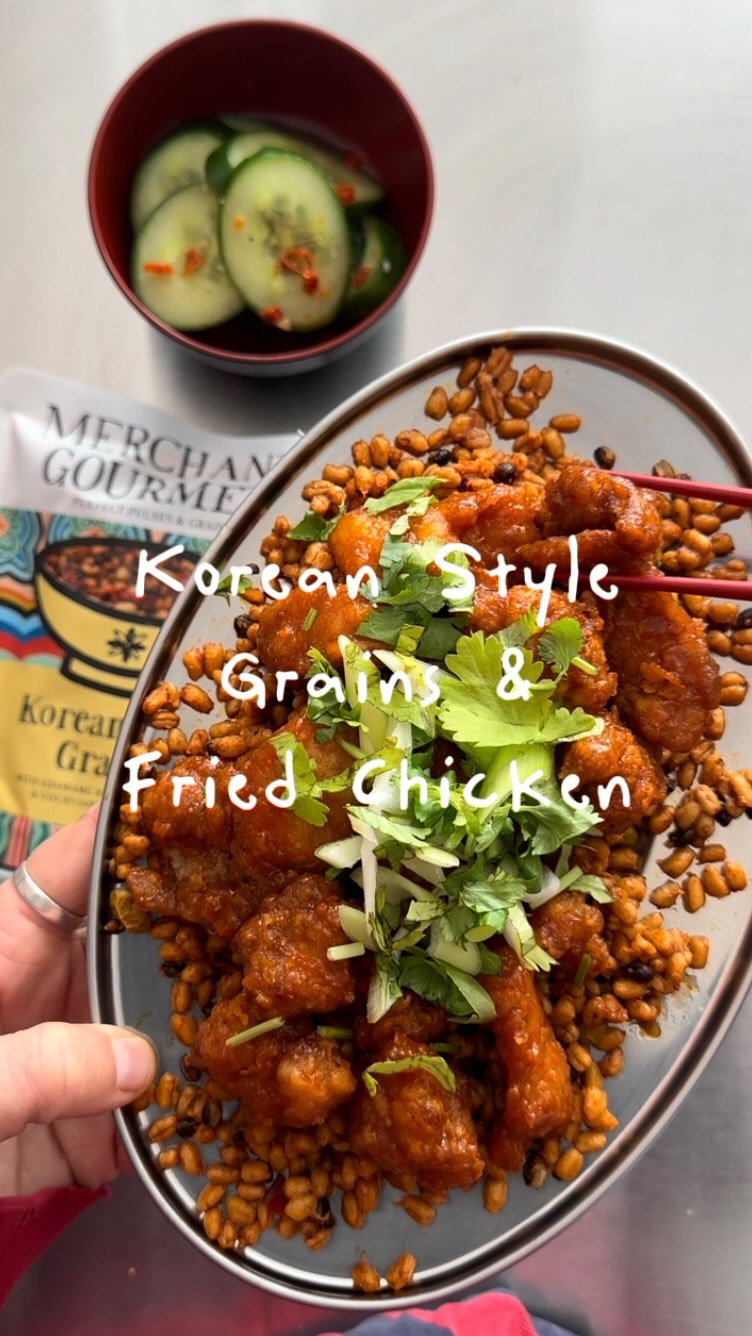 Instagram post by @platesbypb for Merchant Gourmet. Caption reads: Fried Chicken & @merchantgourmet Korean Style....