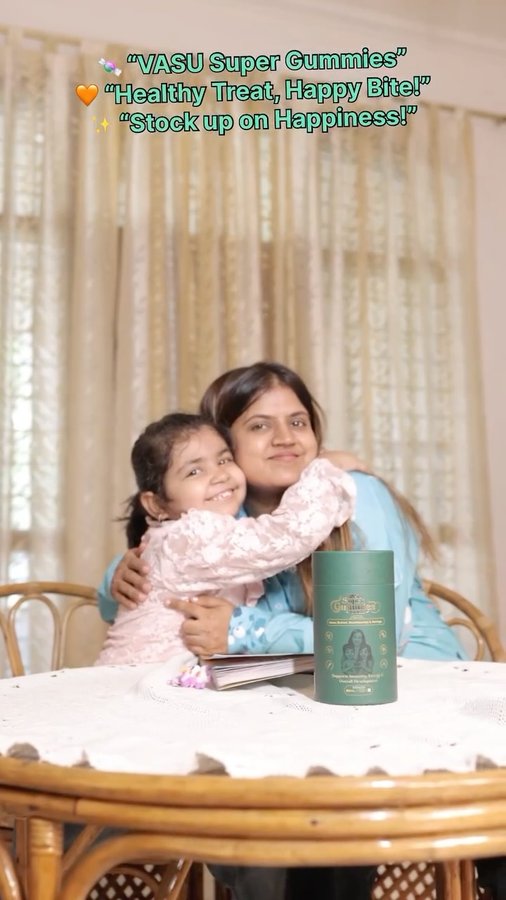 Instagram post by @cute.naisha for Vasu Healthcare. Caption reads: Reading time ho ya play time — energy chahiye har....