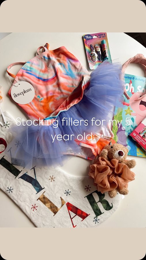 Instagram post by @runningwwild for iloveplum. Caption reads: Stocking fillers for my 5 yr. old daughter💕🪩🌸🩰....