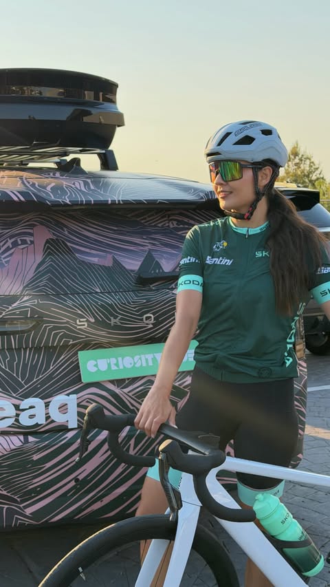 Instagram post by @nikkkihawkes for Škoda Belgium. Caption reads: ad My kind of cycling is all about the coffee....