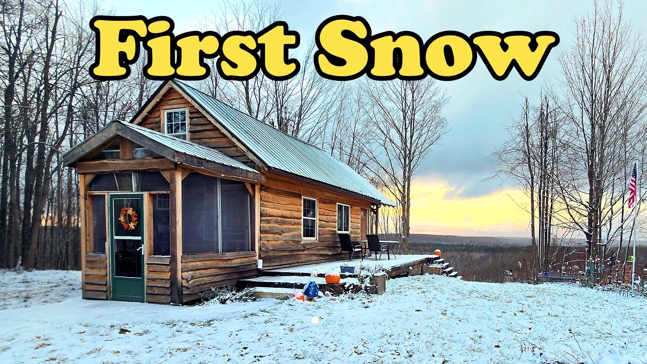 YouTube post by @OffgridwithJayandJen for Eufy. Caption reads: First Snow at the Cabin - Chaos, Failures, and....