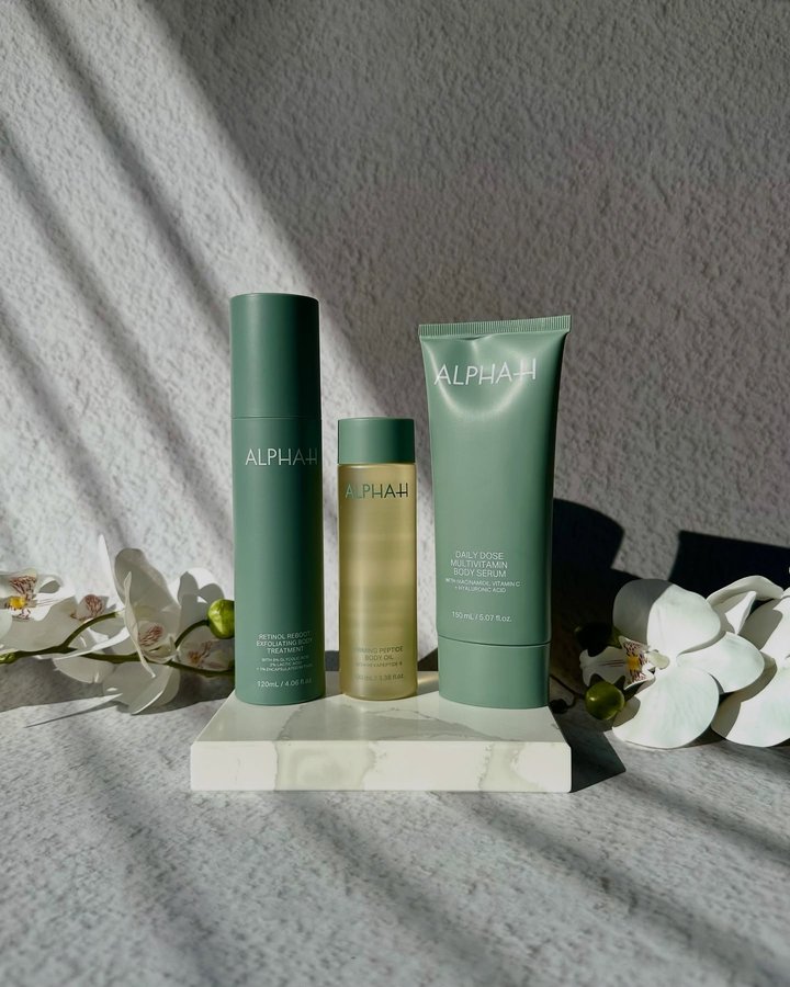 Instagram post by @minabutt84 for ALPHA-H. Caption reads: Skincare doesn’t stop at your face — and Alpha-H....