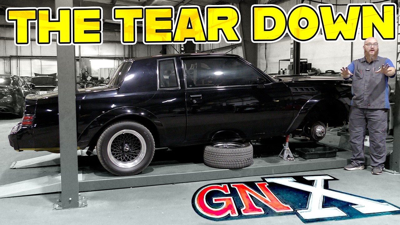 YouTube post by @CarWizard for BendPak. Caption reads: GNX Teardown: What's Hiding Inside April's Garage....