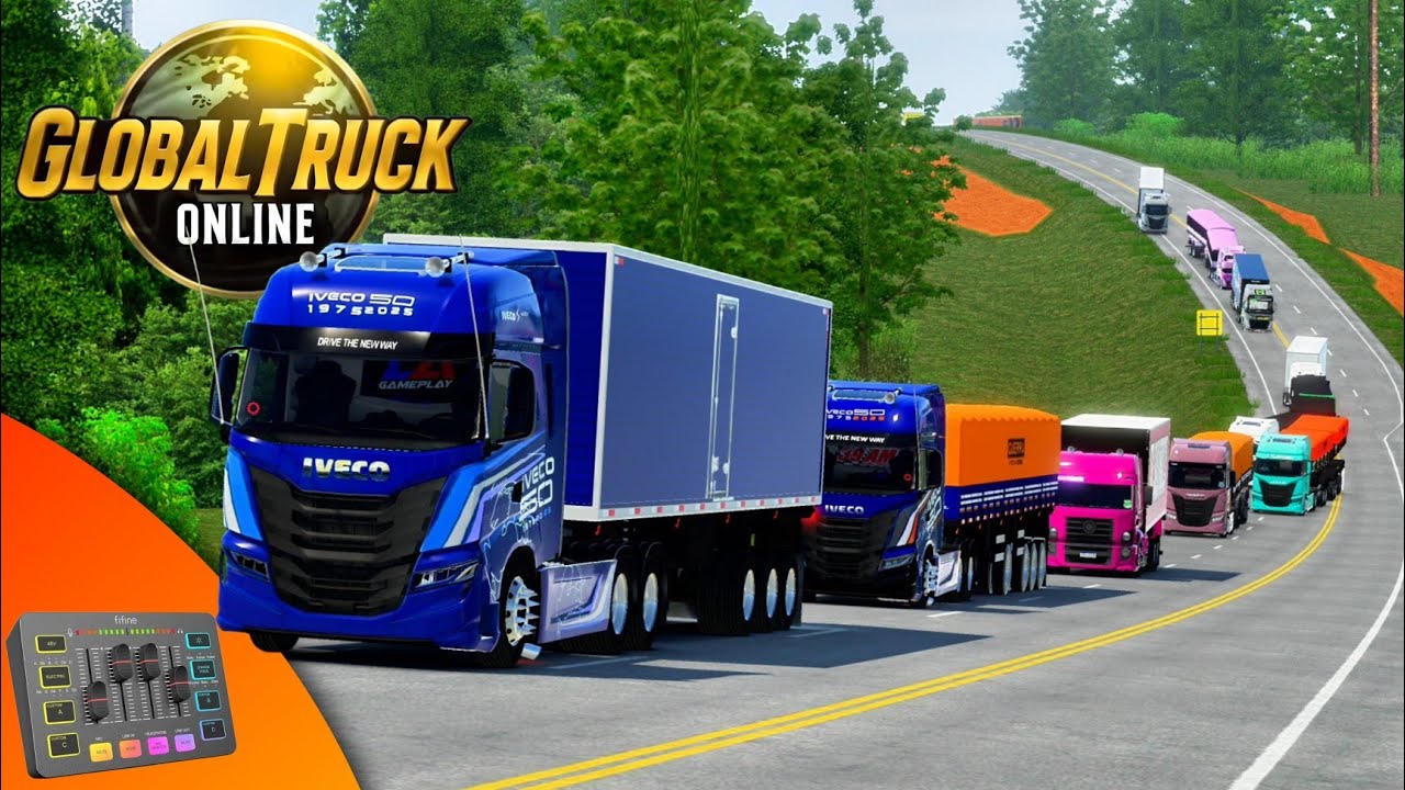 YouTube post by @LAGameplay15 for FIFINEMICROPHONE. Caption reads: IVECO MEGA CONVOY IN GLOBAL TRUCK ONLINE - FIFINE....