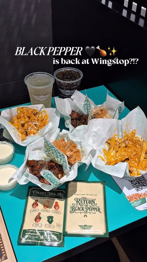 Instagram post by @breadiexeats for Wingstop. Caption reads: Wingstop Blind Bag Charm + Return of Black Pepper....