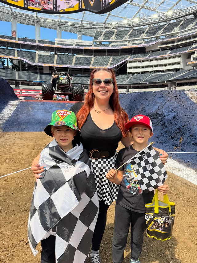 Instagram post by @themeparkmomlife for Monster Jam. Caption reads: [...] the best time at the Pit Party before....