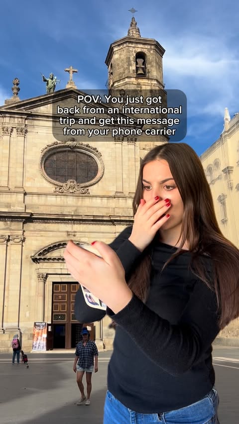 Instagram post by @katietheguiri for Airalo. Caption reads: #publi Those international charges are nightmare....