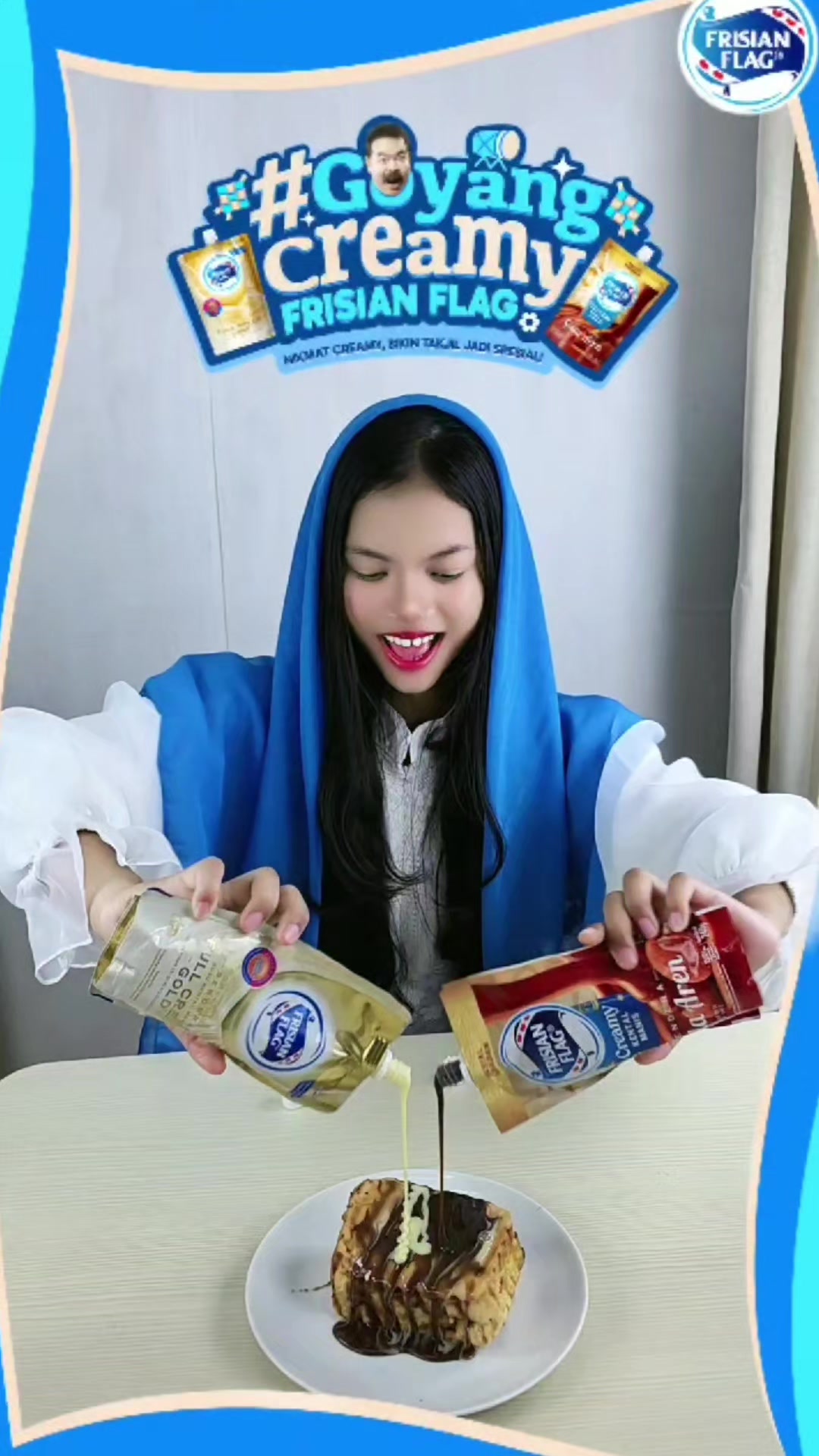 TikTok post by @rea_nainako for Frisian Flag Indonesia. Caption reads: #GoyangCreamyFrisianFlag @frisian flag Takjil....