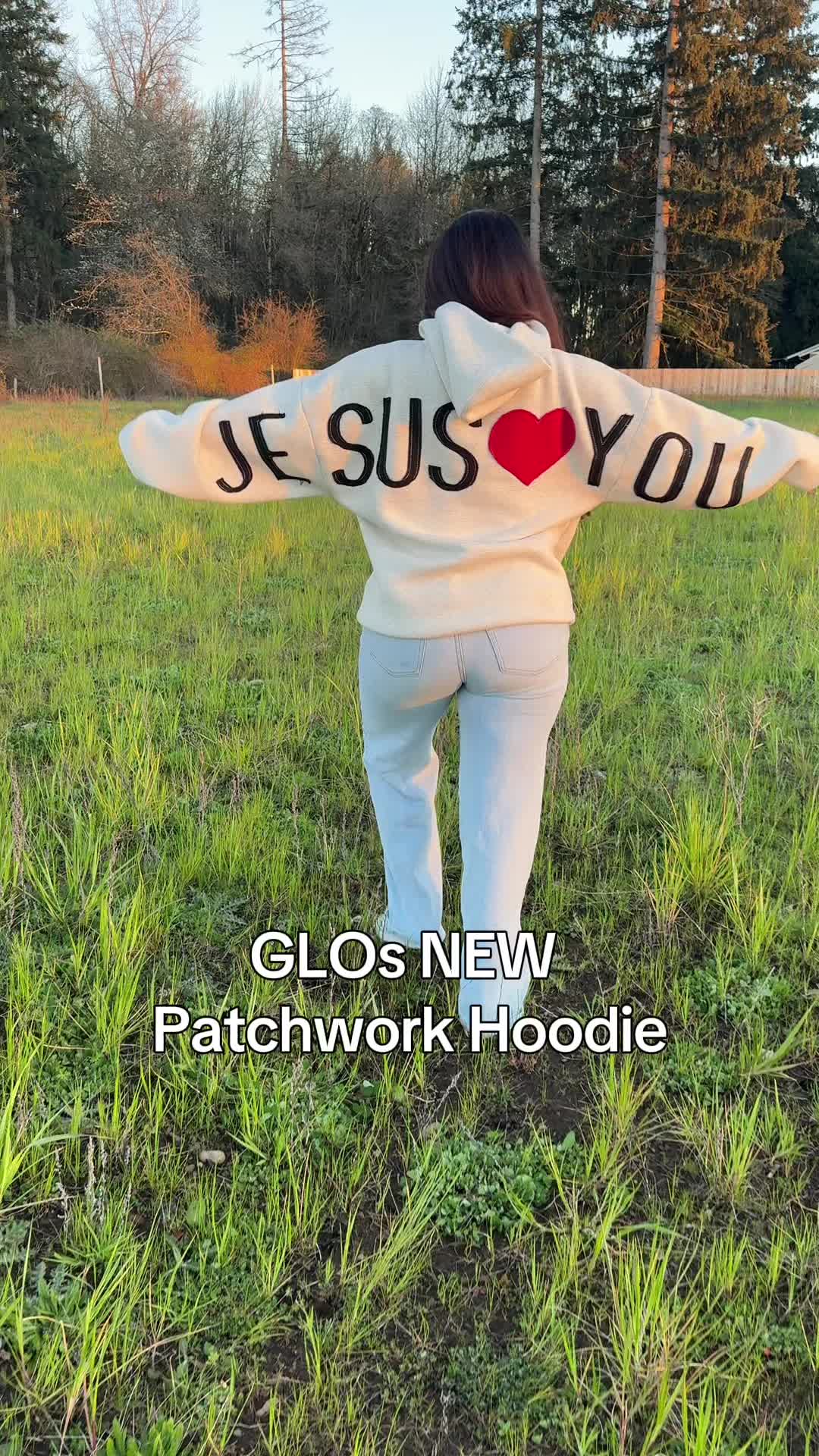 TikTok post by @tiffanyrodeman for God's Love Overcomes. Caption reads: GLOs Patchwork Hoodies are the softest and an....