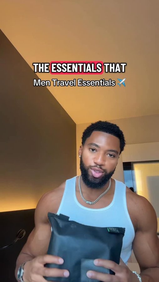 Instagram post by @remellgains for Tiege Hanley. Caption reads: What I Pack For Every Trip (Men’s Travel....