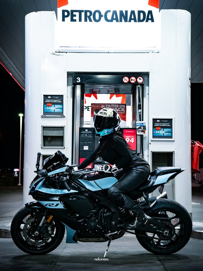 Instagram post by @bikerbabestoronto for RAVEN Moto. Caption reads: [...] discounts in bio : 
📌 @kyt_canada 
📌....