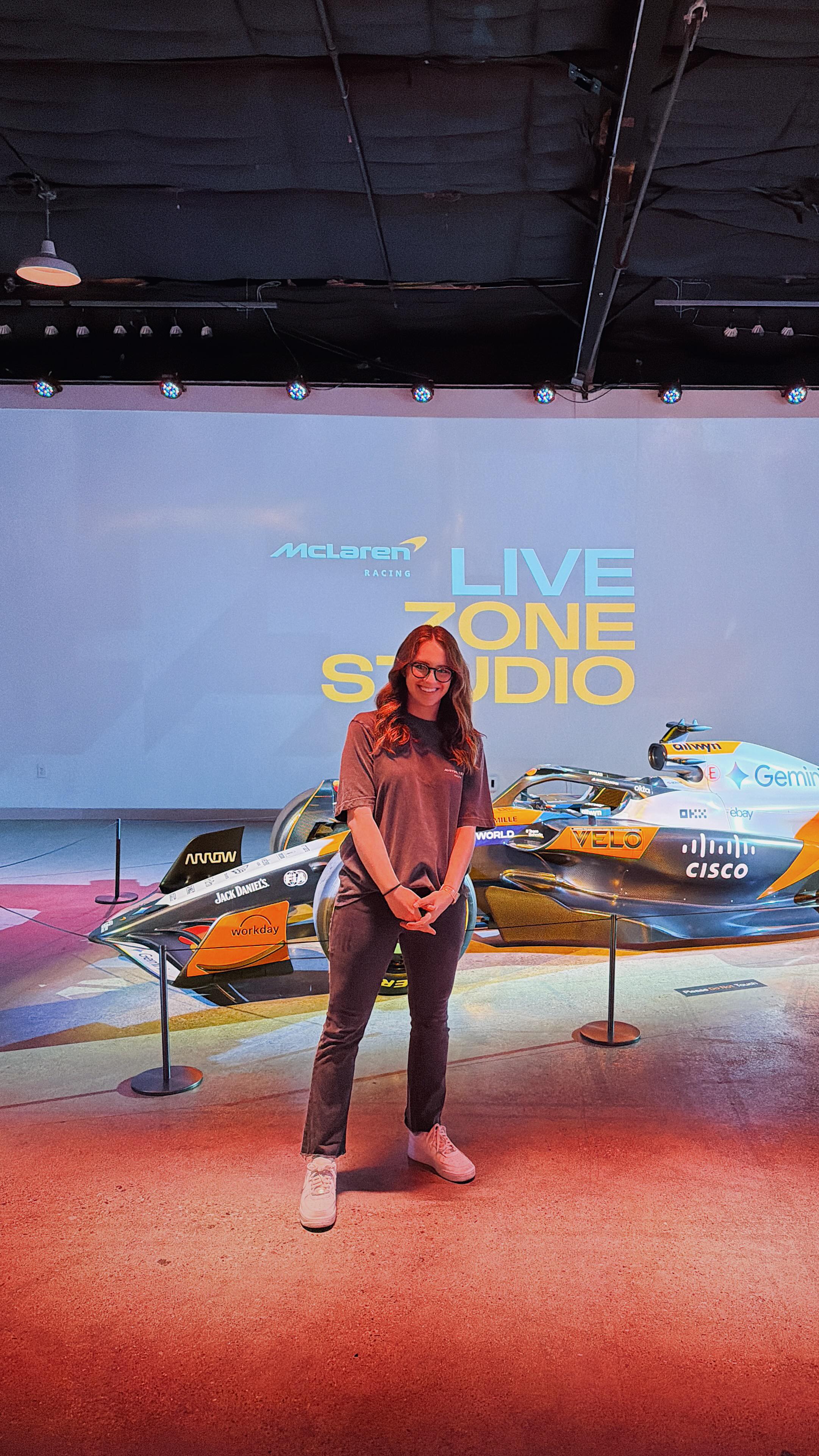 Instagram post by @saradietschy for Dell Technologies. Caption reads: #Ad Thanks for the invite to McLaren Racing Live:....