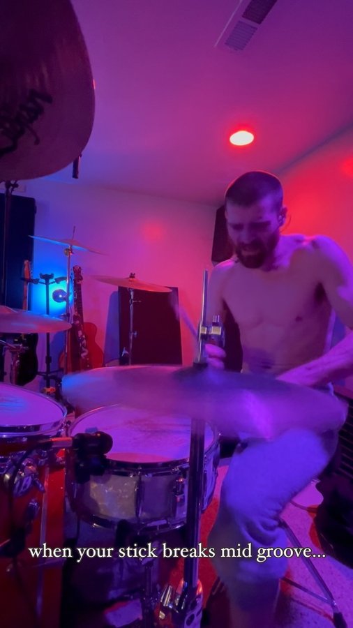 Instagram post by @cashelb for Vic Firth. Caption reads: when your stick breaks mid song, don’t trip, just....